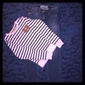 Boys Size 8-9 Jeans & Sweater (NAVY BLUE & WHITE)